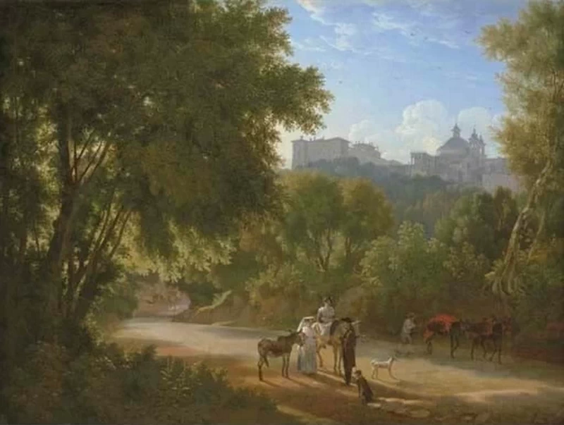 Una Valle dei Colli Albani con Viandanti su una strada, veduta di Palazzo Chigi e oltre Santa Maria dell'Assunta